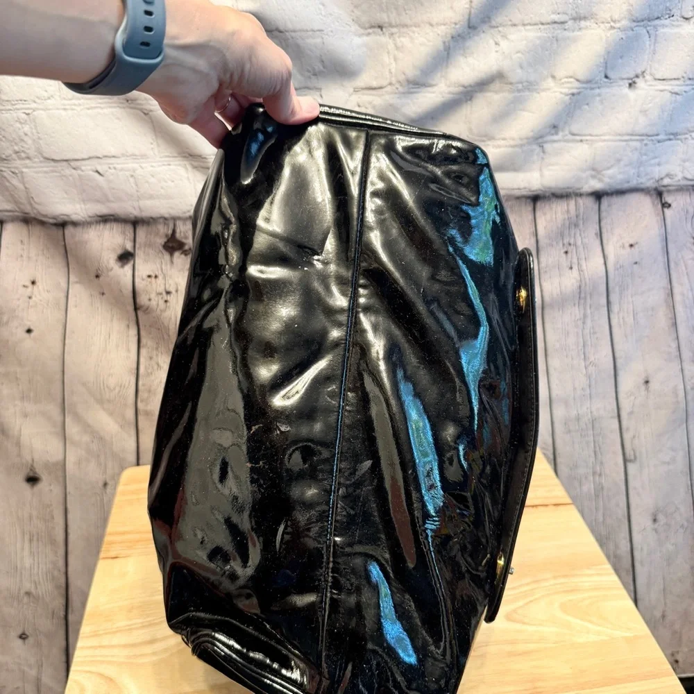Barneys New York black glossy patent leather extra large tote bag carryall